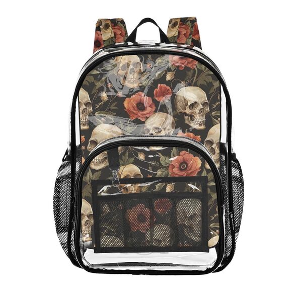 Handbags - 4135 Retro Skull Flowers Clear Backpack PVC Transparent Causal Daypack